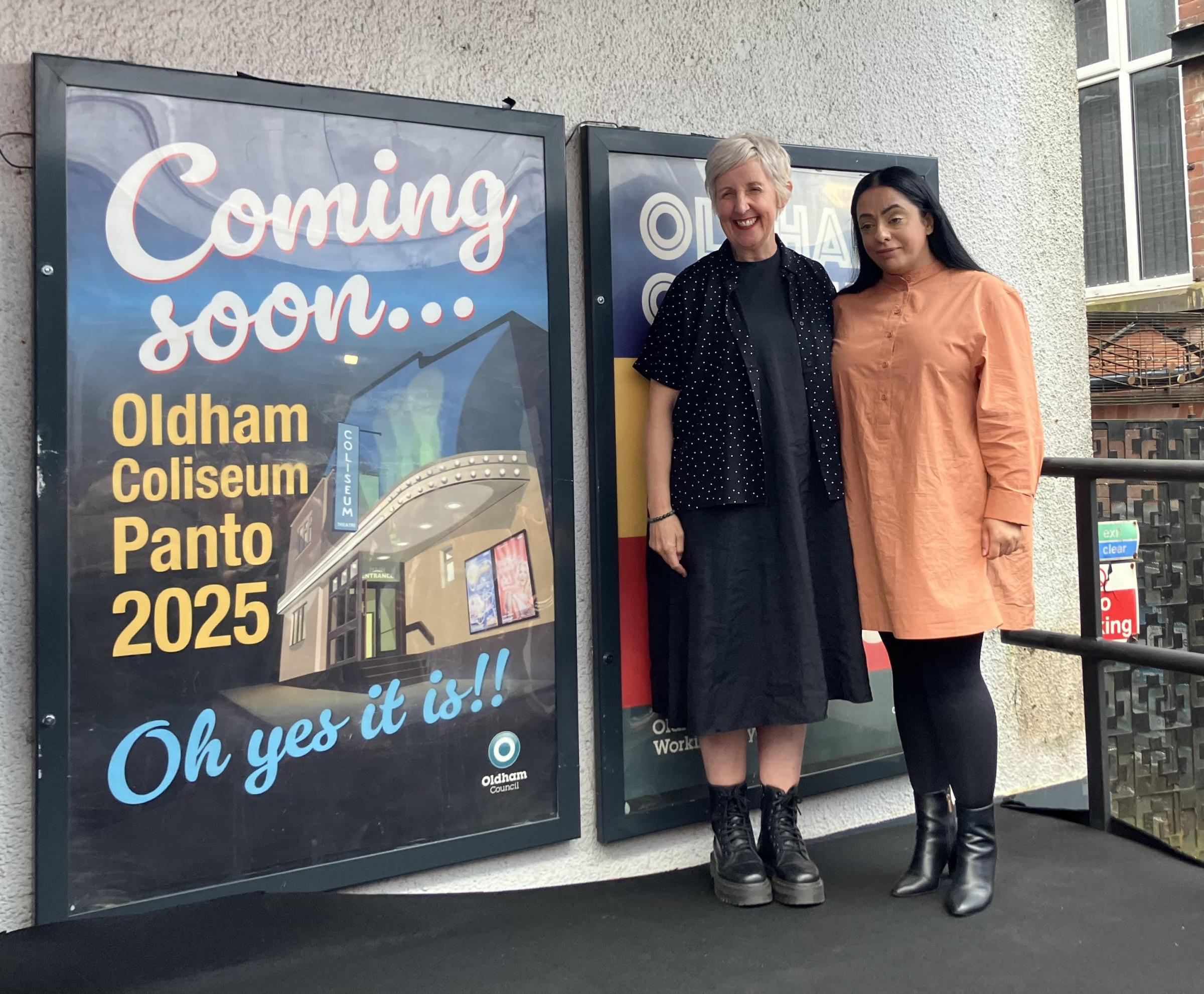 Julie Hesmondhalgh and council leader Arooj Shah at the Fairbottom Street party last week in front of posters announcing the Coliseums return