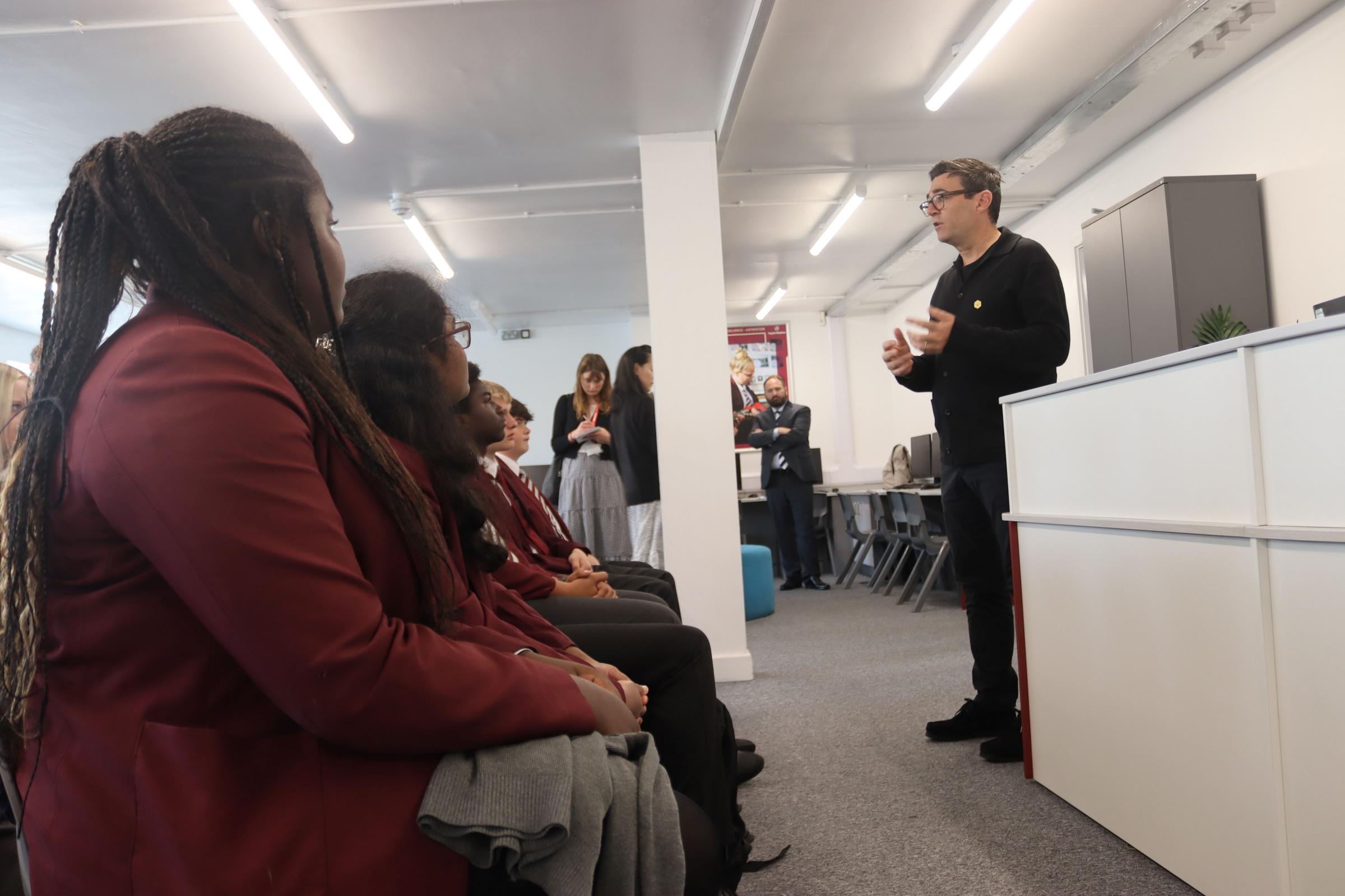 Andy Burnham on his visit to Rayner Stephens High School in Tameside to announce the Beeline platform, part of the MBacc (Picture: GMCA)