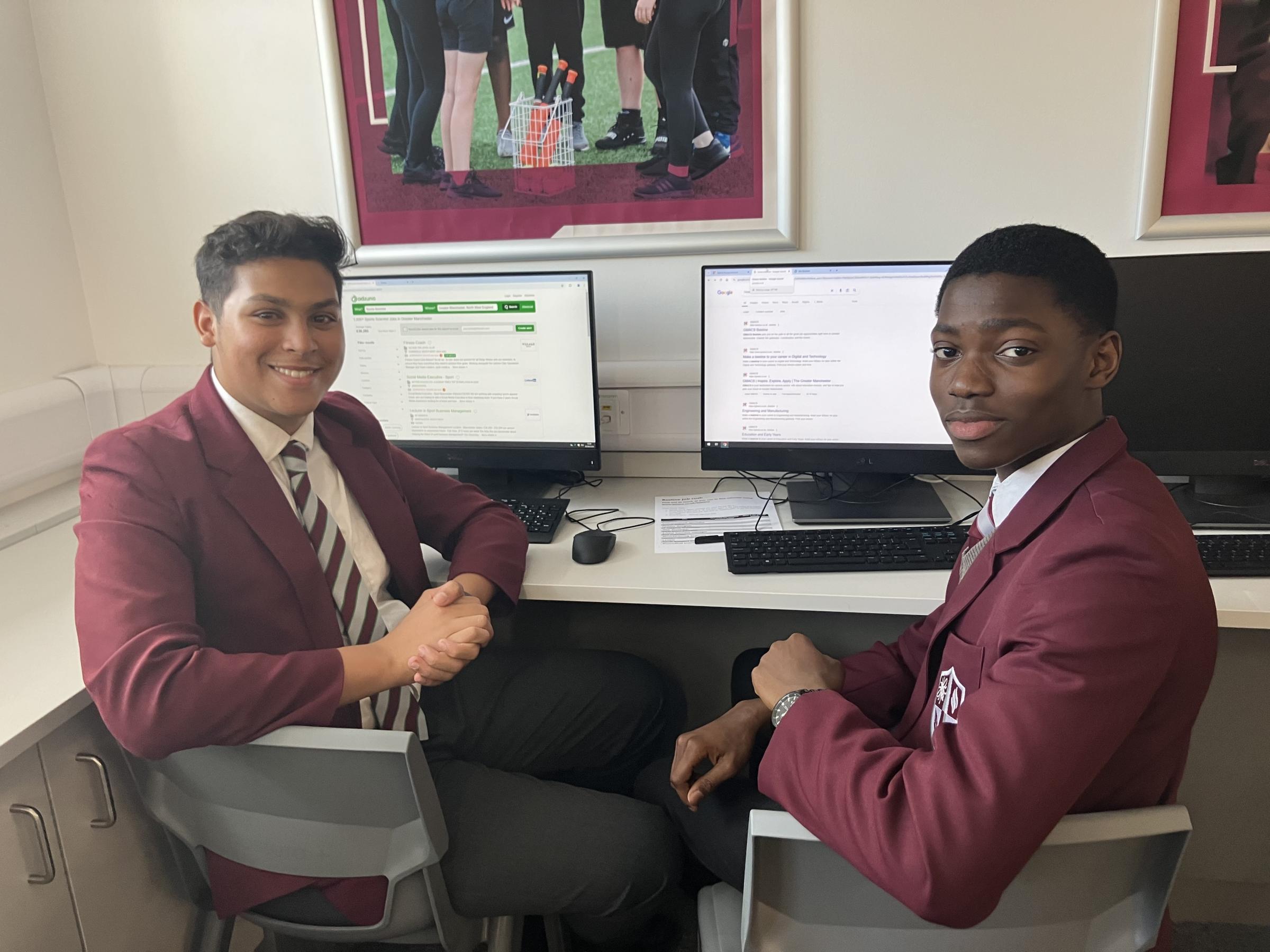 Denzel Samuel and Eliasse Rahim, (15, who wants to be a pilot), pupils at Rayner Stephens High School in Tameside who tested out Andy Burnhams new Beeline platform (Picture: Charlotte Hall)